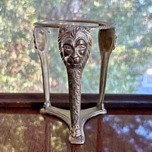 Vintage Lion Head Crystal Ball Orb Stand Brass Tone Metal Display Holder